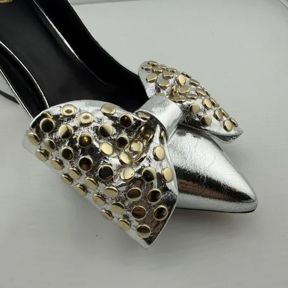Ted Baker London Metallic Silver Studded Bow Heels - Picture 9 of 16